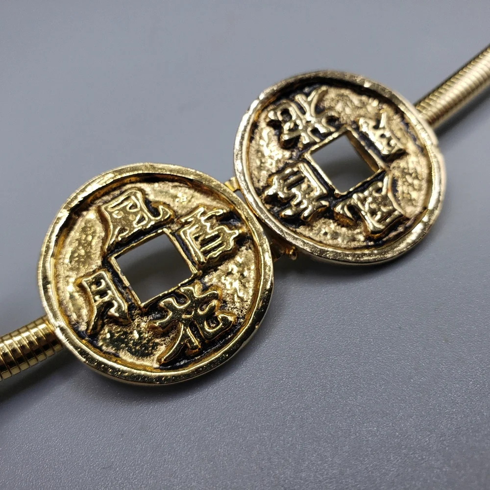 BELT Stretchy Gold w/ Oriental Asian Engravings Vintage Retro Minimalist S/M