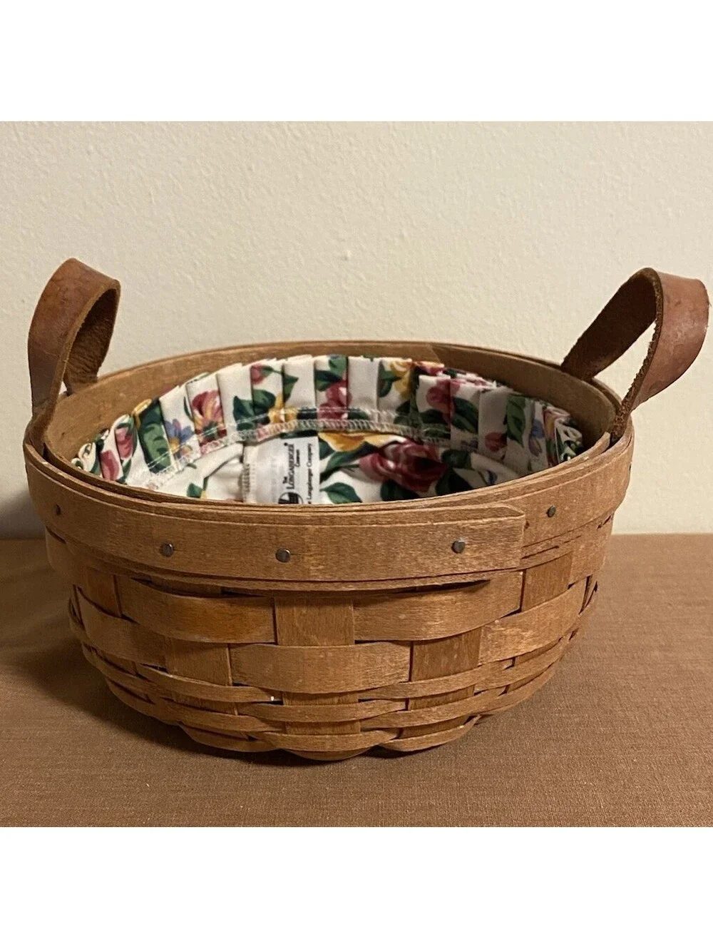 Vintage Longaberger 1988 Round Basket Floral Liner Roses W/Leather Handles