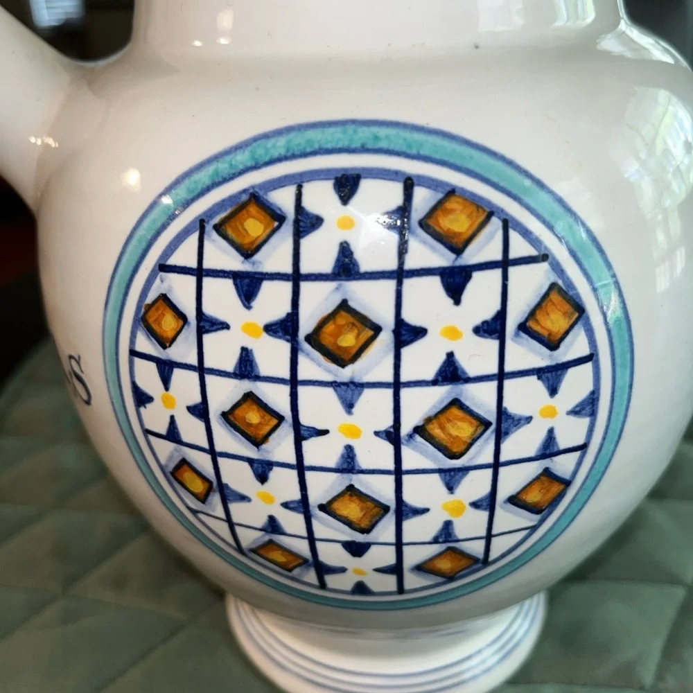 Williams Sonoma Ceramic Pitcher  Blue and Gold Geometric Design. Wine pitcher
