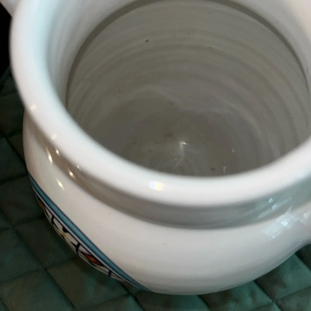 Williams Sonoma Ceramic Pitcher  Blue and Gold Geometric Design. Wine pitcher