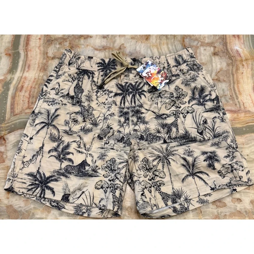 NWT Robert Graham Mens‎ Quick Dry Boxer Board Shorts Beige Tropical Beach Medium