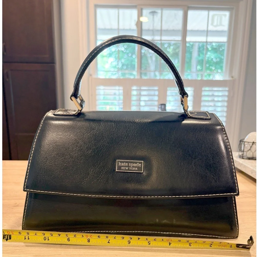 Kate Spade New York Black Leather Top Handle Bag Contrast Stitch Vintage Satchel