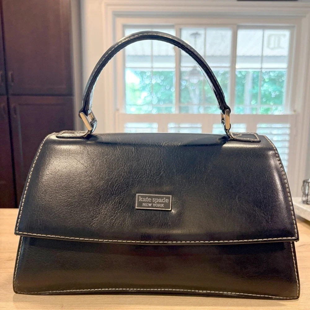 Kate Spade New York Black Leather Top Handle Bag Contrast Stitch Vintage Satchel