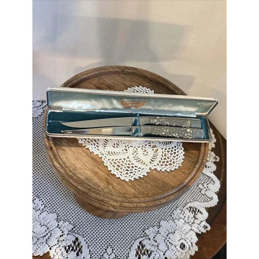 VTG Carvel Hall Steak Knives Set Briddell Silver Overlay Ivory Lustrex Handle