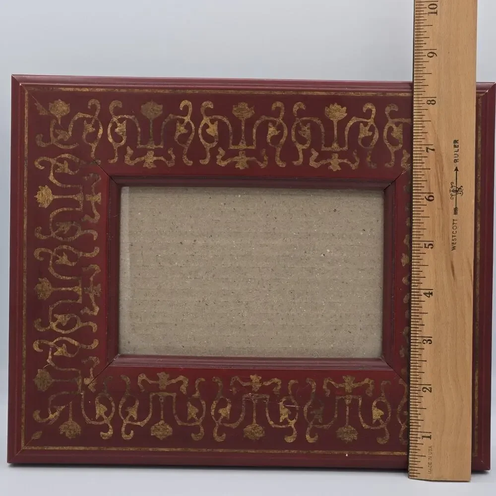 Wood Table Frame Red Painted Gold Scroll Stencil 4 x 6 Italian Florentine Style