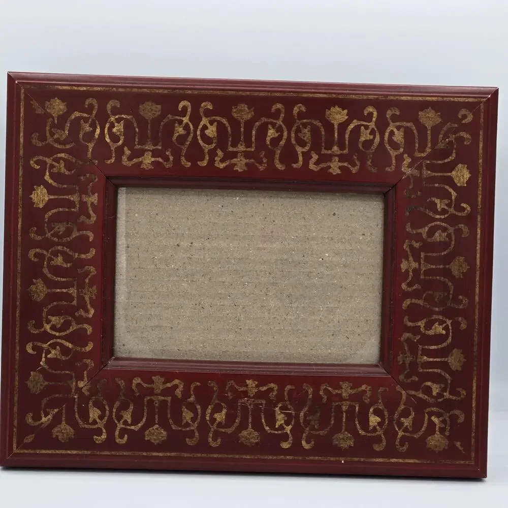 Wood Table Frame Red Painted Gold Scroll Stencil 4 x 6 Italian Florentine Style