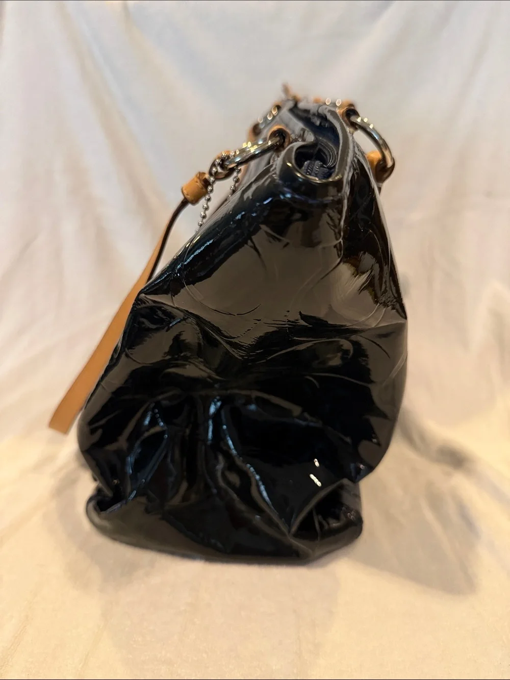 Coach Patent Leather Tote in Navy Blue with Tan Straps