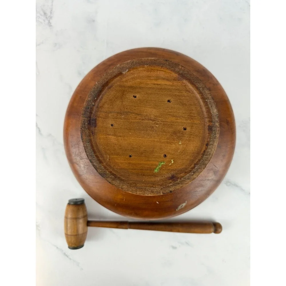 VTG Hand Turned Wooden Nutcracker Pedestal Bowl Brass Center w/Mallet