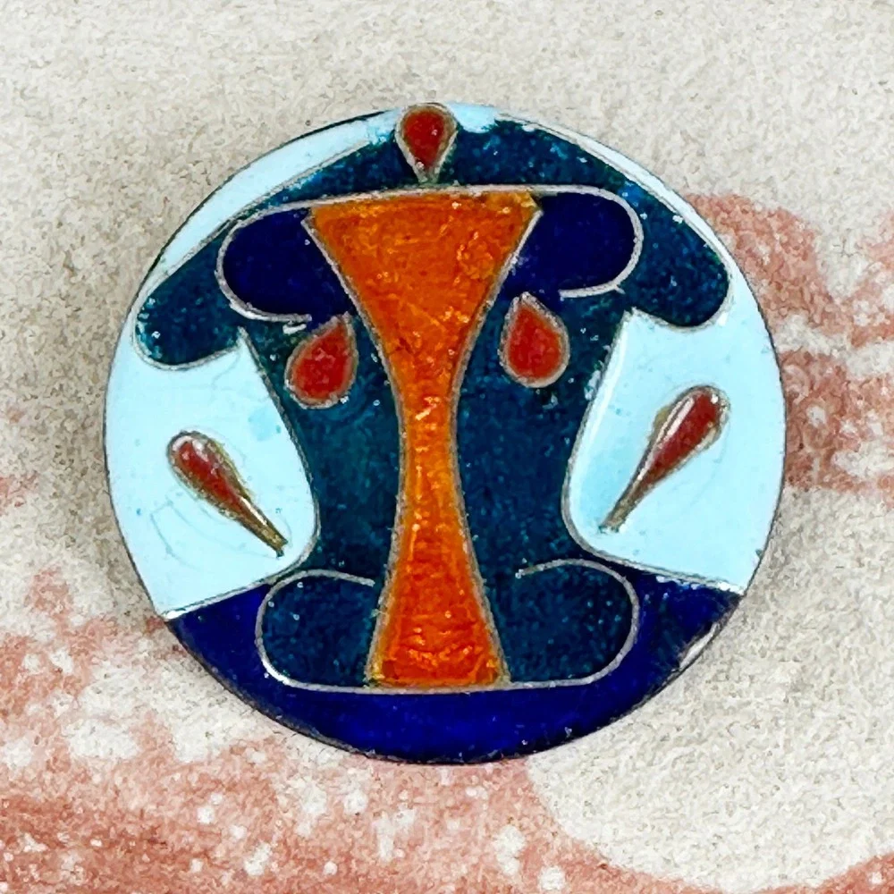 Vintage Mid-Century Modern Cloisonne Enamel Abstract Cow Face Brooch‎ Unsigned