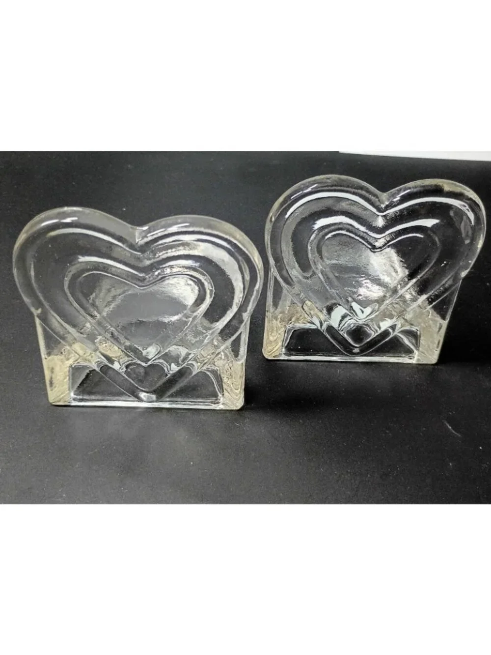 Clear Glass Pair Heart Tealight Candle Holders Embossed Love
