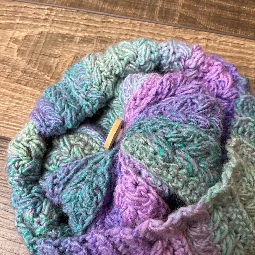 Handcrafted Crochet Winter Hat Blue Purple Snowy Wheat Knit Beanie with Pom Pom