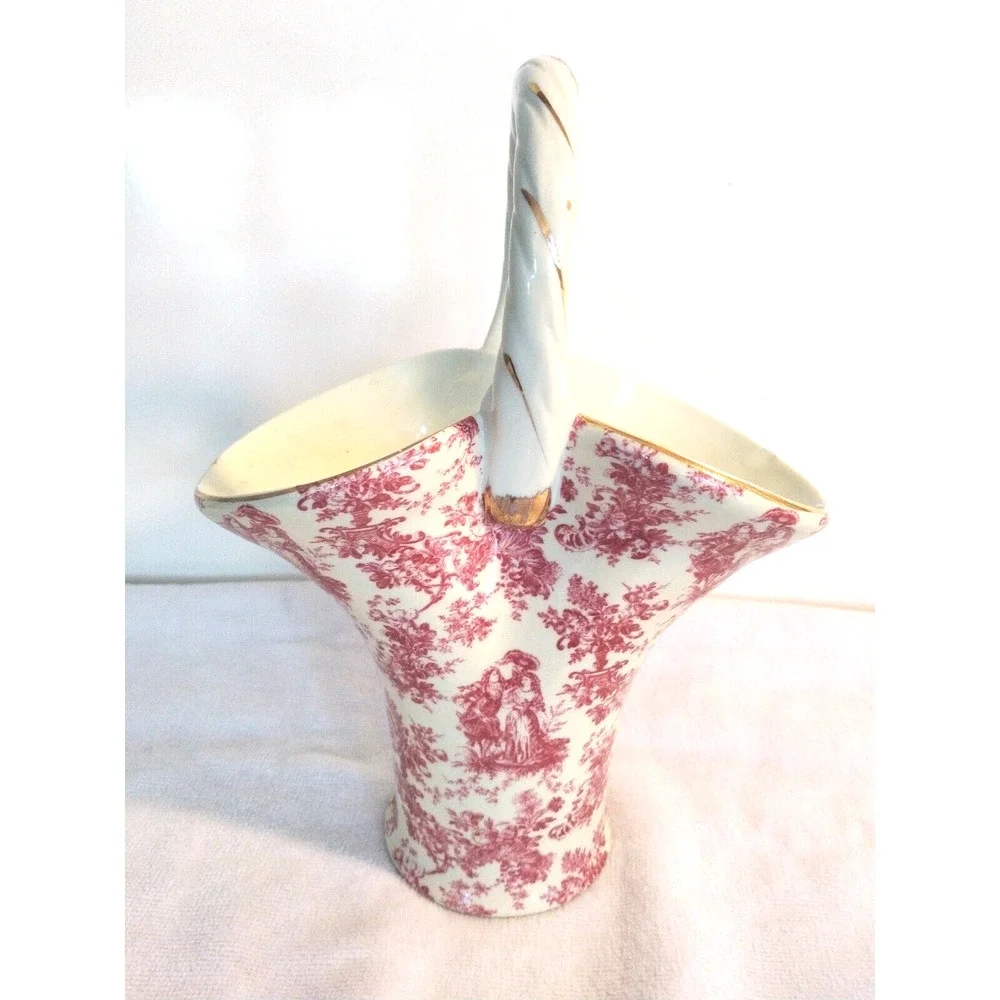 Formalities Ceramic BASKET Flower Vase Red CHINZ GOLD Romantic Victorian Cottage