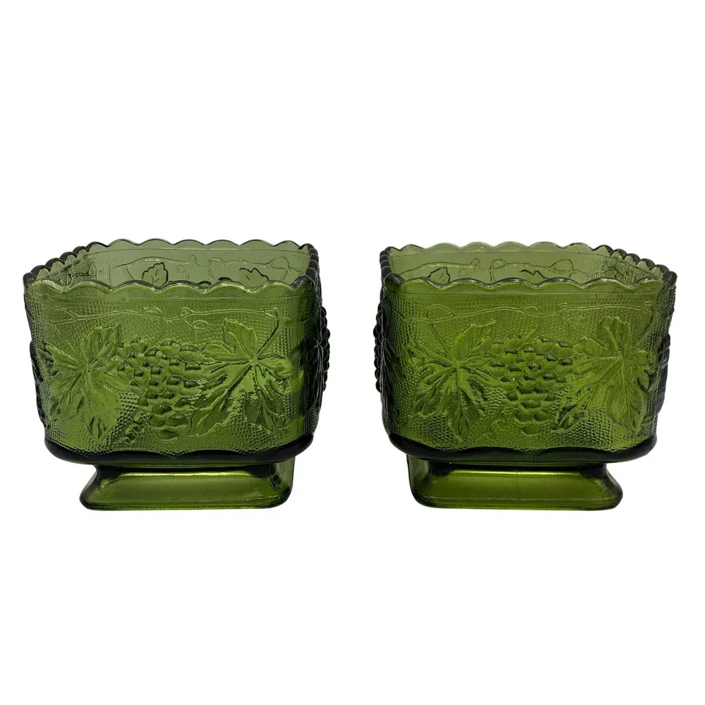 Vintage Green Harvest Grape Glass Planters Square Scalloped Pedestal Set of 2