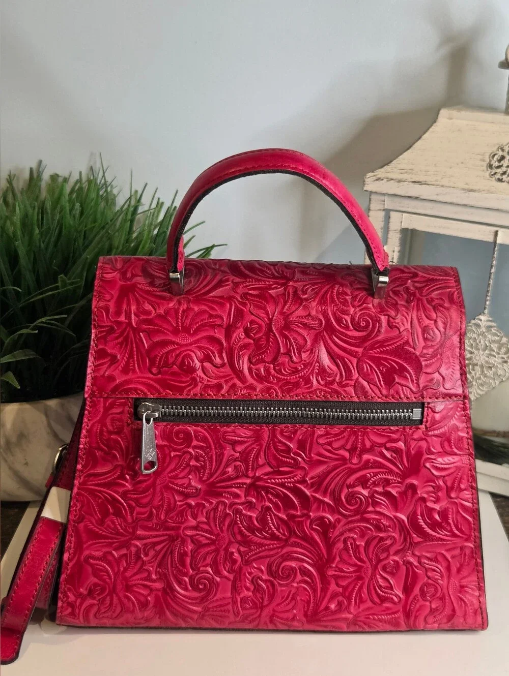 Patricia Nash Chauny Satchel in Magenta Tooled Leather