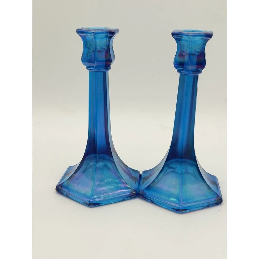 Fenton Florentine Celeste Blue Iridescent Carnival Art Glass Candle Sticks