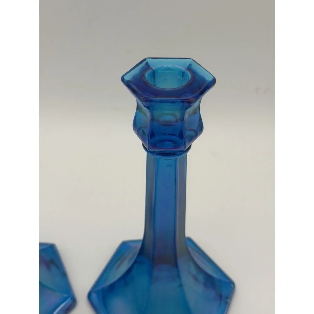 Fenton Florentine Celeste Blue Iridescent Carnival Art Glass Candle Sticks