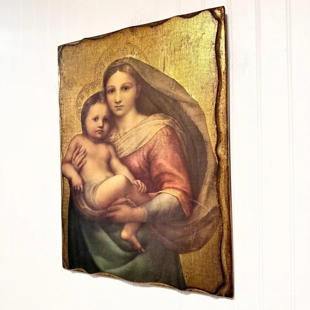 Vintage Italian Florentine Raphael Sistine Madonna Child Gold Gilt Wall Plaque