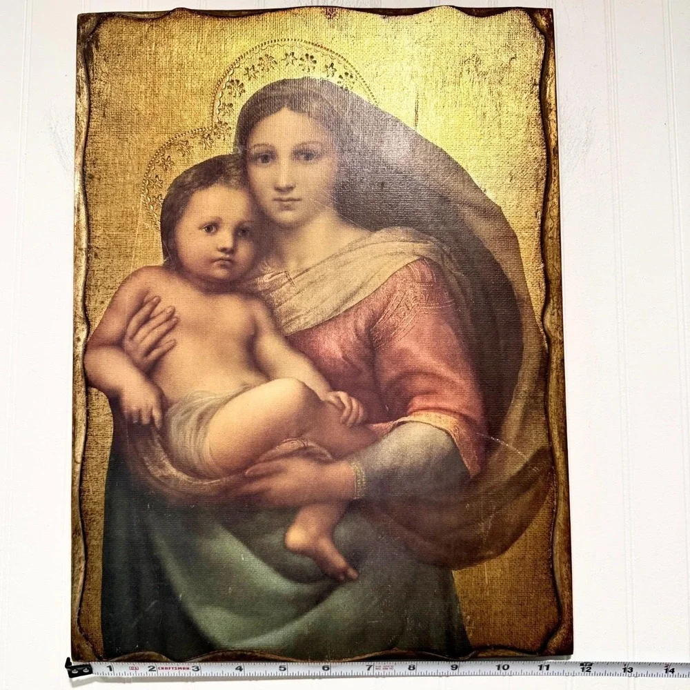 Vintage Italian Florentine Raphael Sistine Madonna Child Gold Gilt Wall Plaque