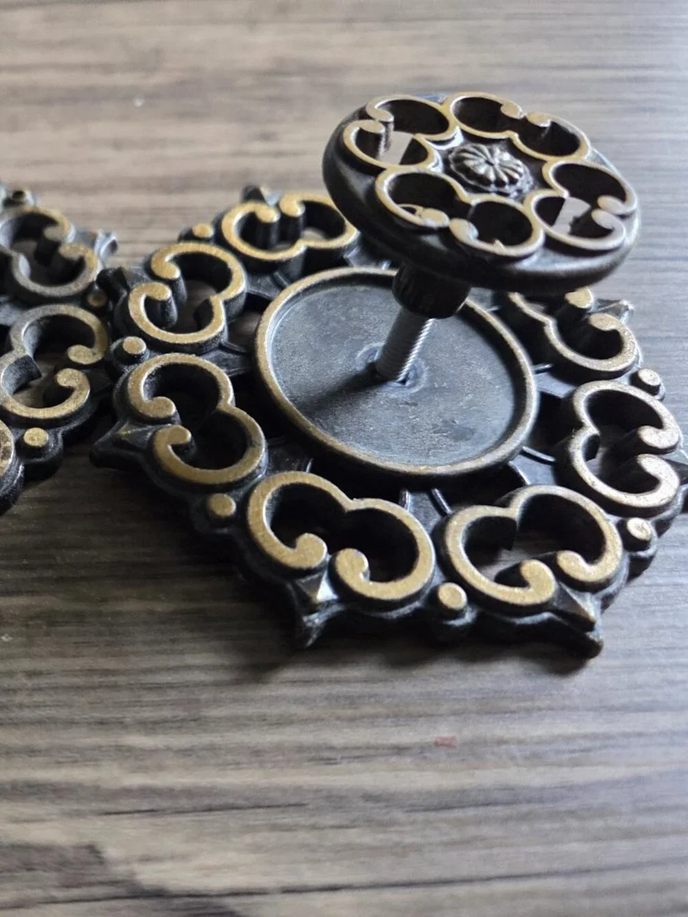 VTG Pair of Brass Finish Cabinet Knobs and Backplates