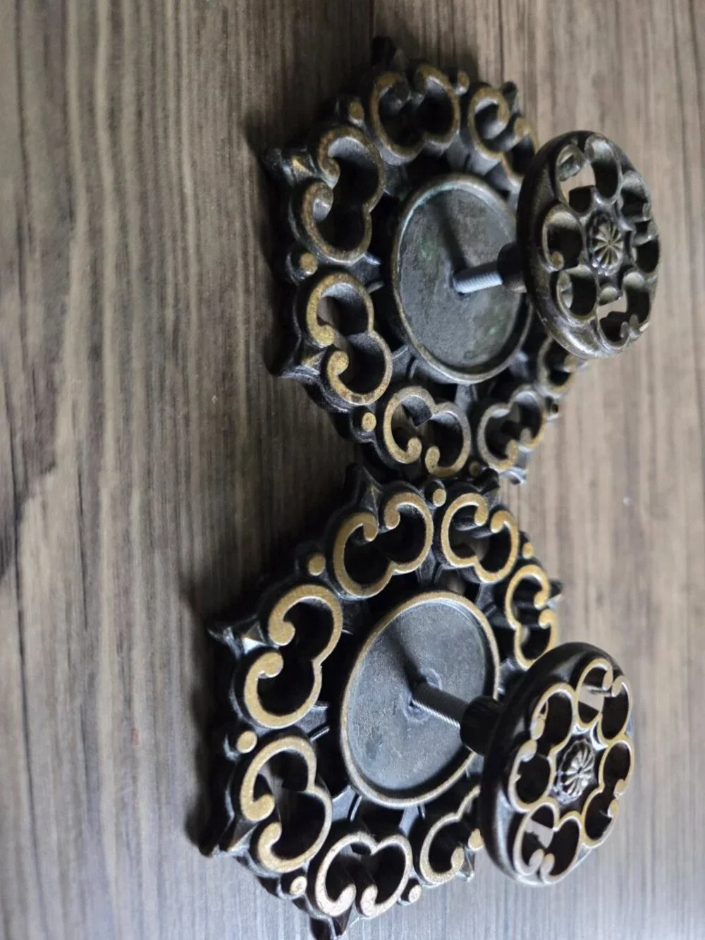 VTG Pair of Brass Finish Cabinet Knobs and Backplates