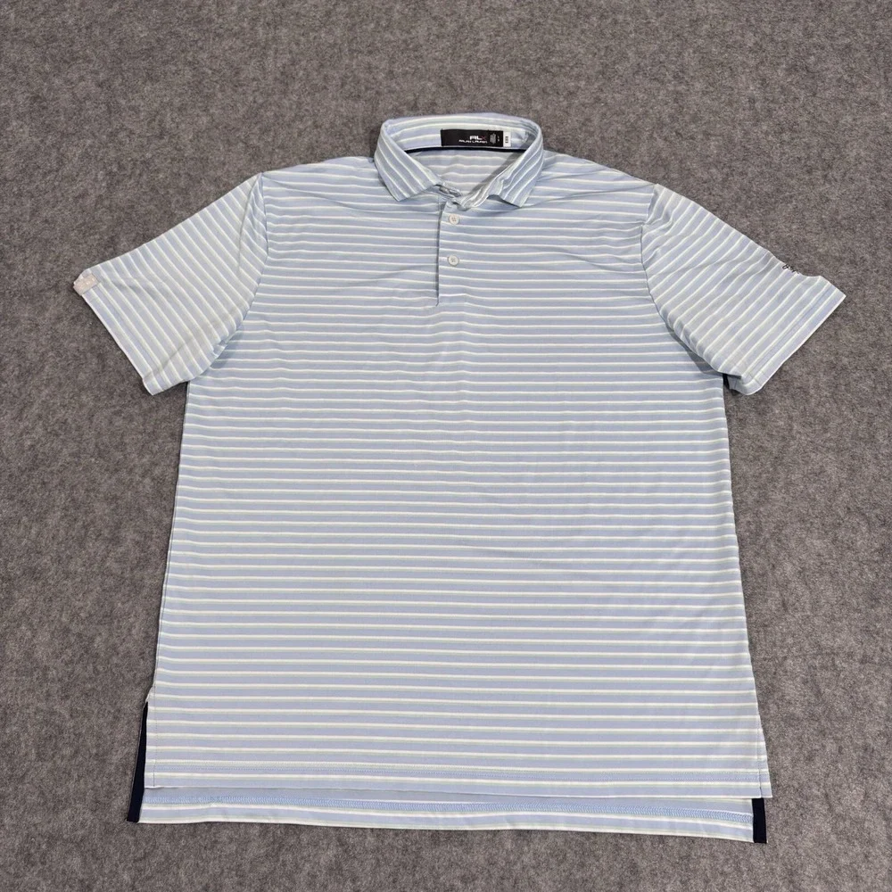 Ralph Lauren RLX Polo Shirt Mens Light Blue Striped Short Sleeve Golf Size L