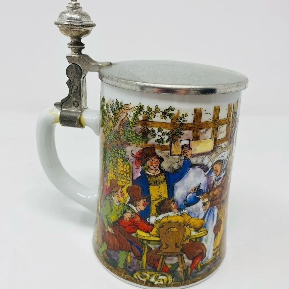 Vintage BMF German Milk Glass Beer Stein with Flat Pewter Lid