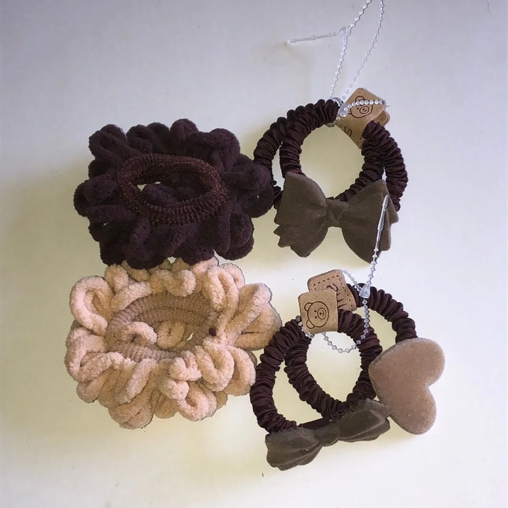 Plush Bow & Heart Hair Tie Set - Brown & Tan