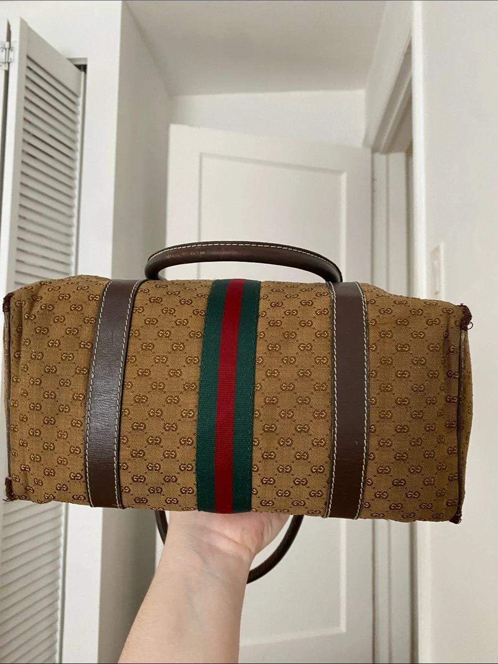 Brown Canvas Satchel with Green and Red Web Stripe
