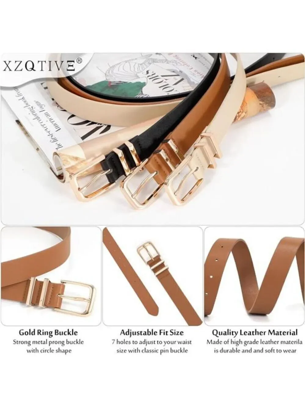Womens Leather Belt Set Gold Buckle Belts for Jeans Dresses Pants Size 37-41 in