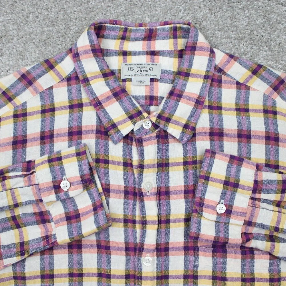 J. Crew Cotton/Linen Blend Shirt Mens‎ Large Pink/Purple/Yellow/White L/S Button