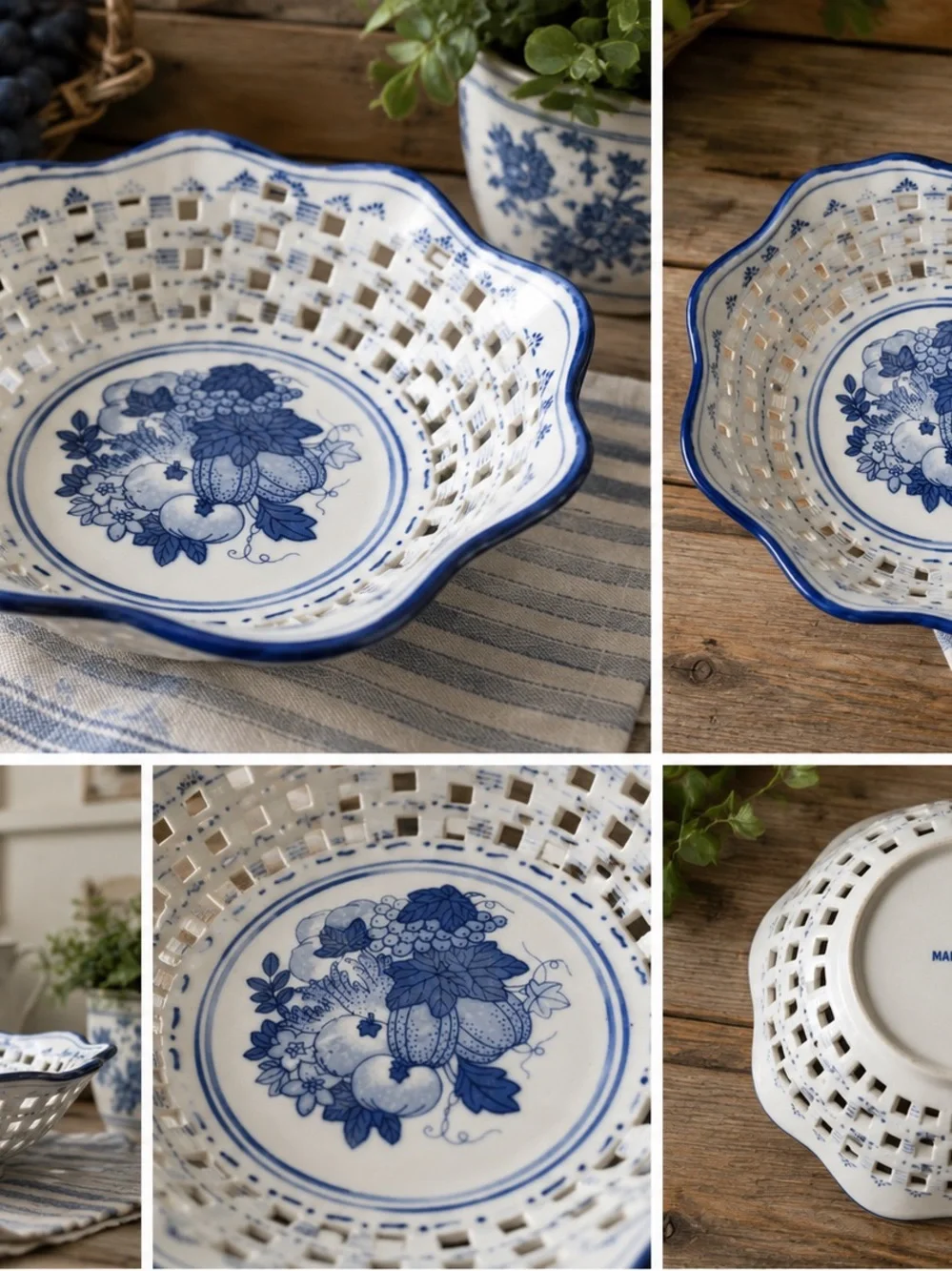 Blue and White Ceramic Lattice Fruit Bowl - Classic Floral Design