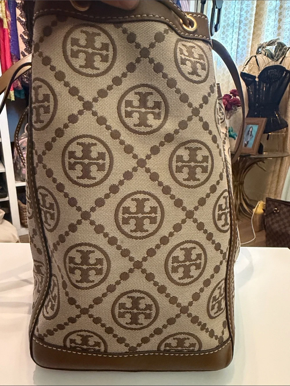 Tory Burch Hazel T Monogram  Canvas Tote with Leather Trim