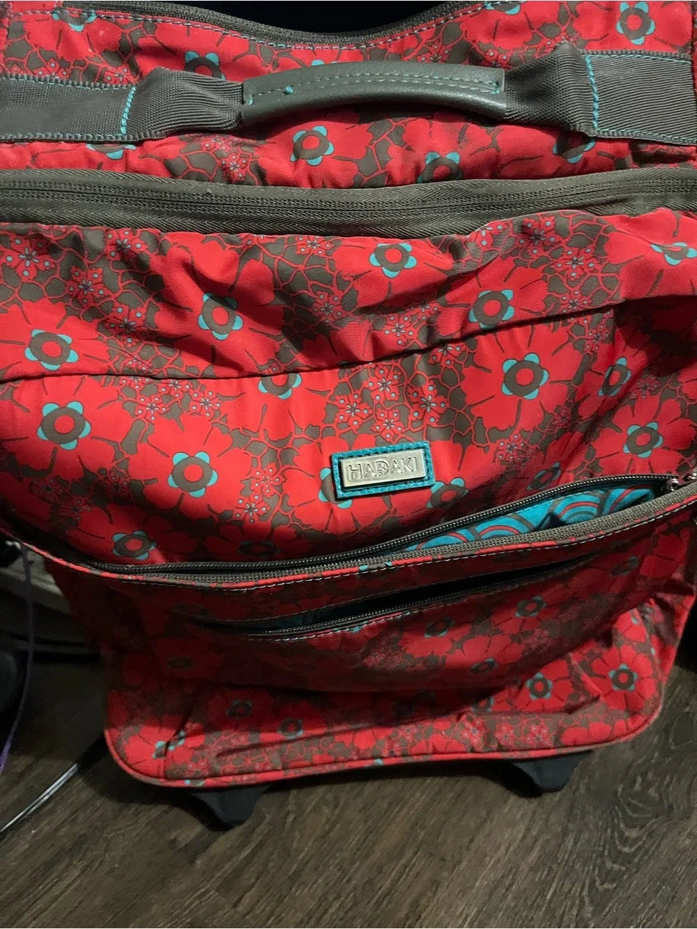 Harajuku Lovers Red Floral Rolling Travel Tote with Teal Accents
