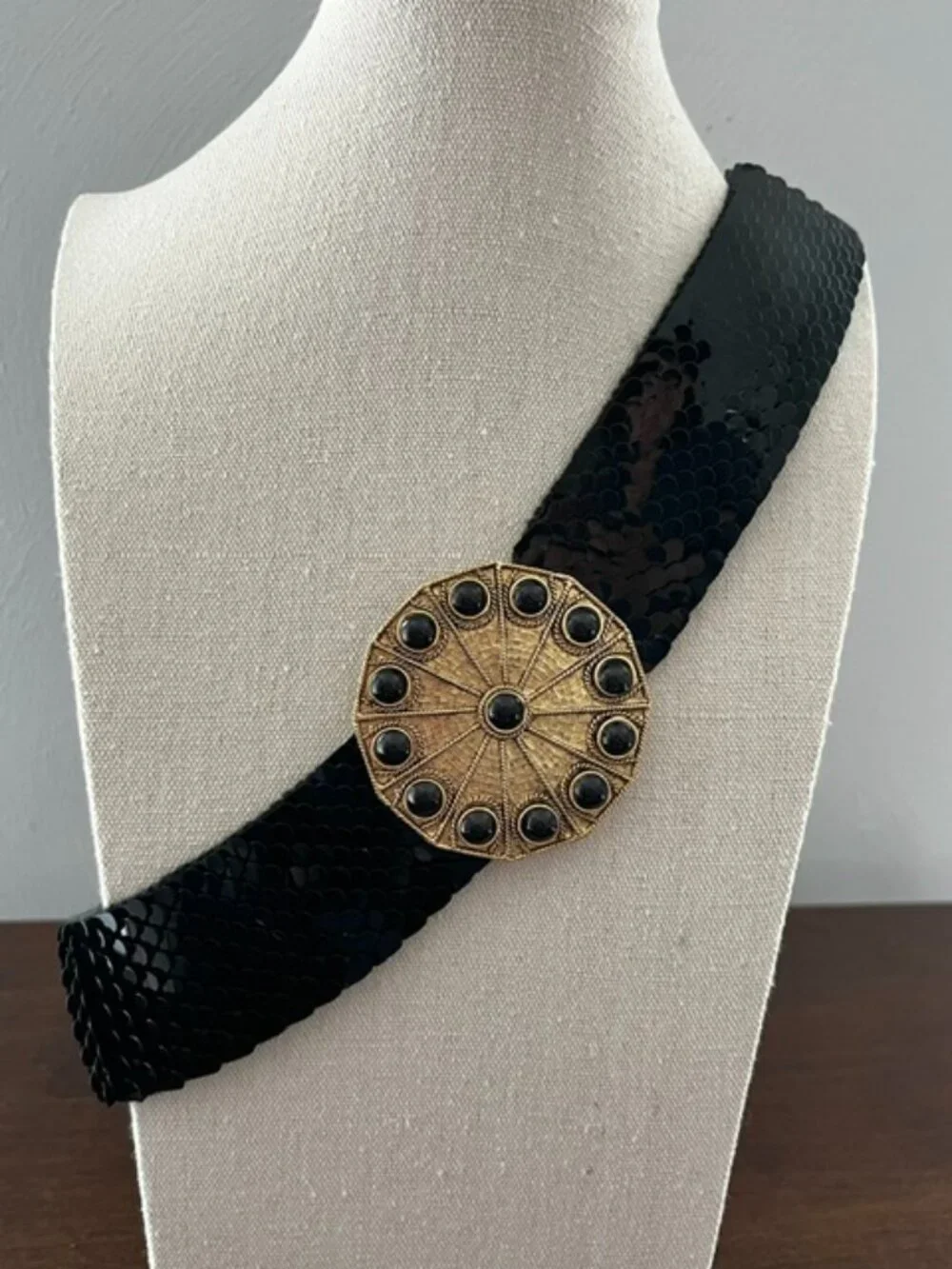 Stretch Statement Belt Black Scale Wide Gold Tone Medallion Buckle