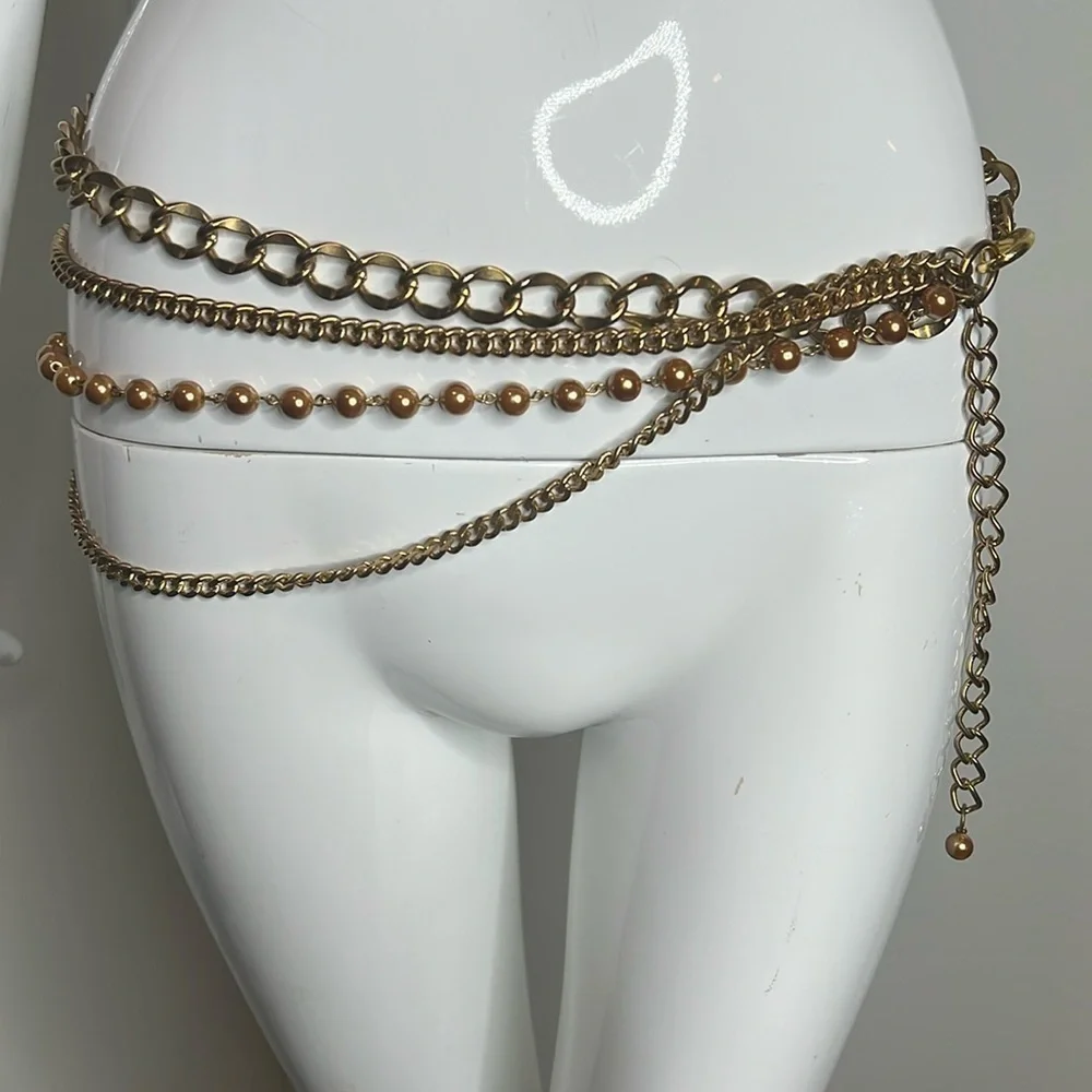 Gold Chain and Rose Pearl Drop Four Strand Adjustable Chain Belt