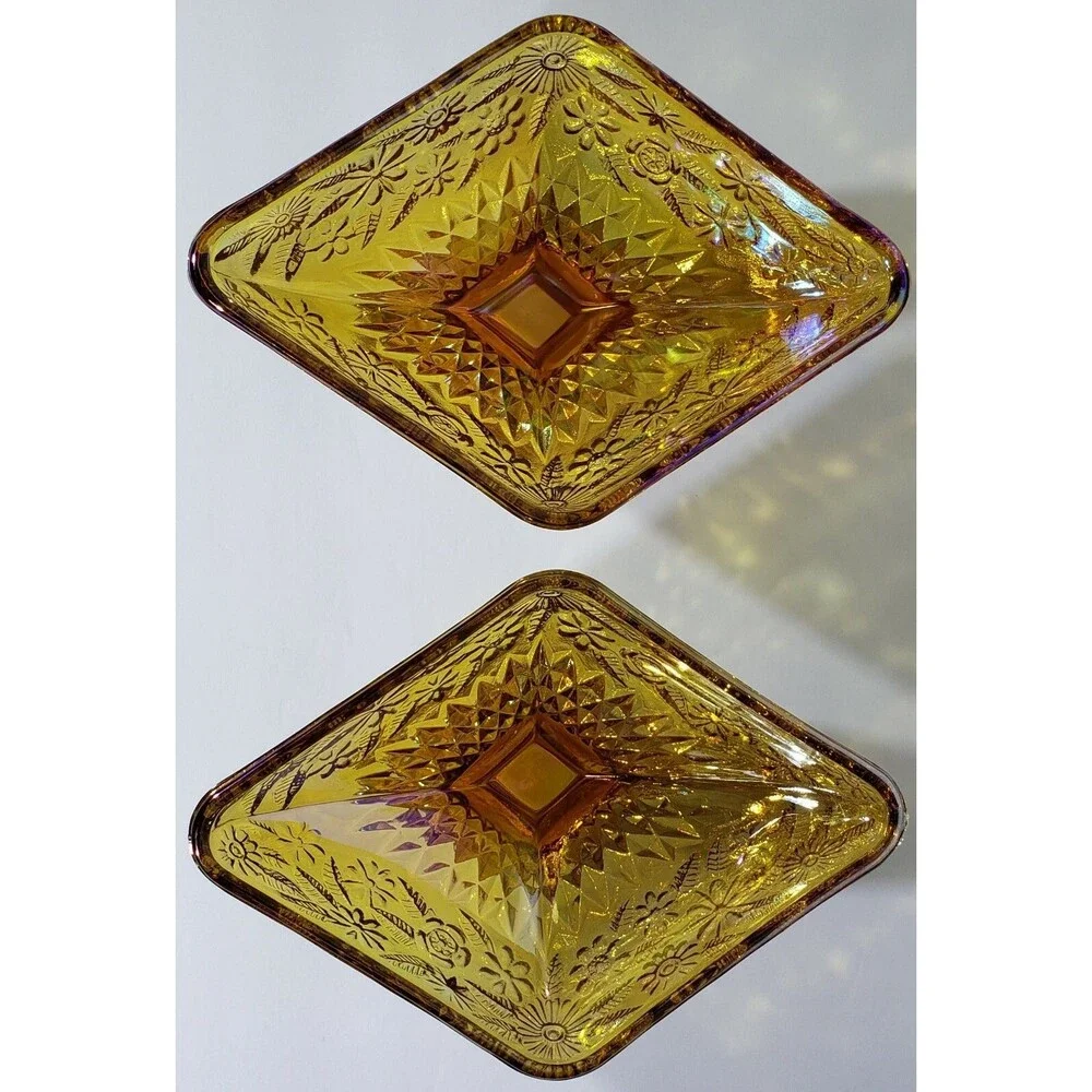 Vintage ~ Iridescent Amber Indiana Carnival Glass ~ Diamond Shaped Pedestal Dish