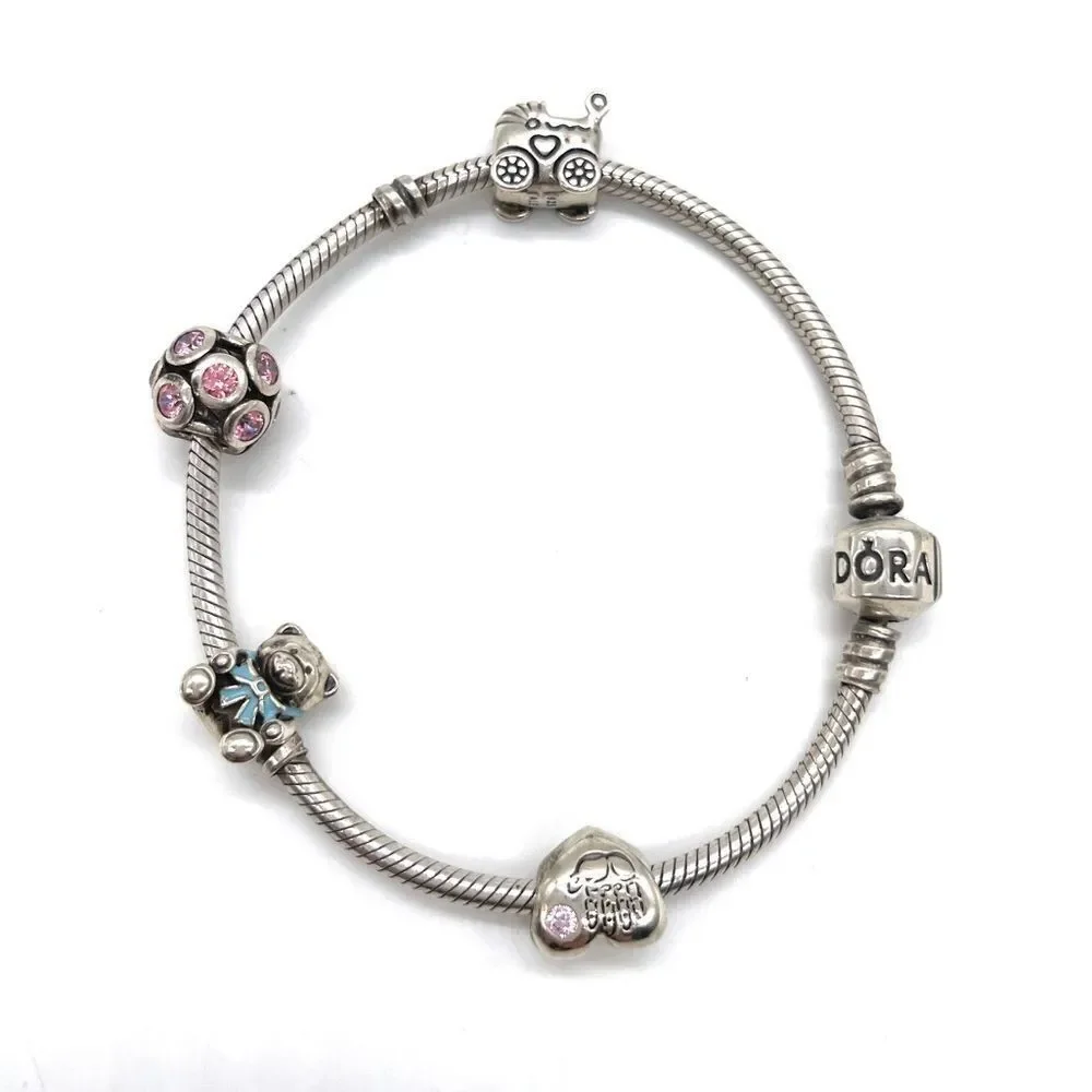 Pandora Charm Bracelet with 4 charms Babycarriage HeartTeddyBear/Pink Ball