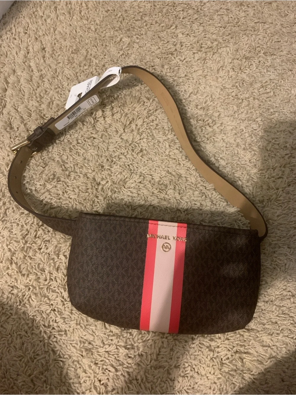 Michael Kors Brown Logo Belt Bag with Pink & Red Center Stripe