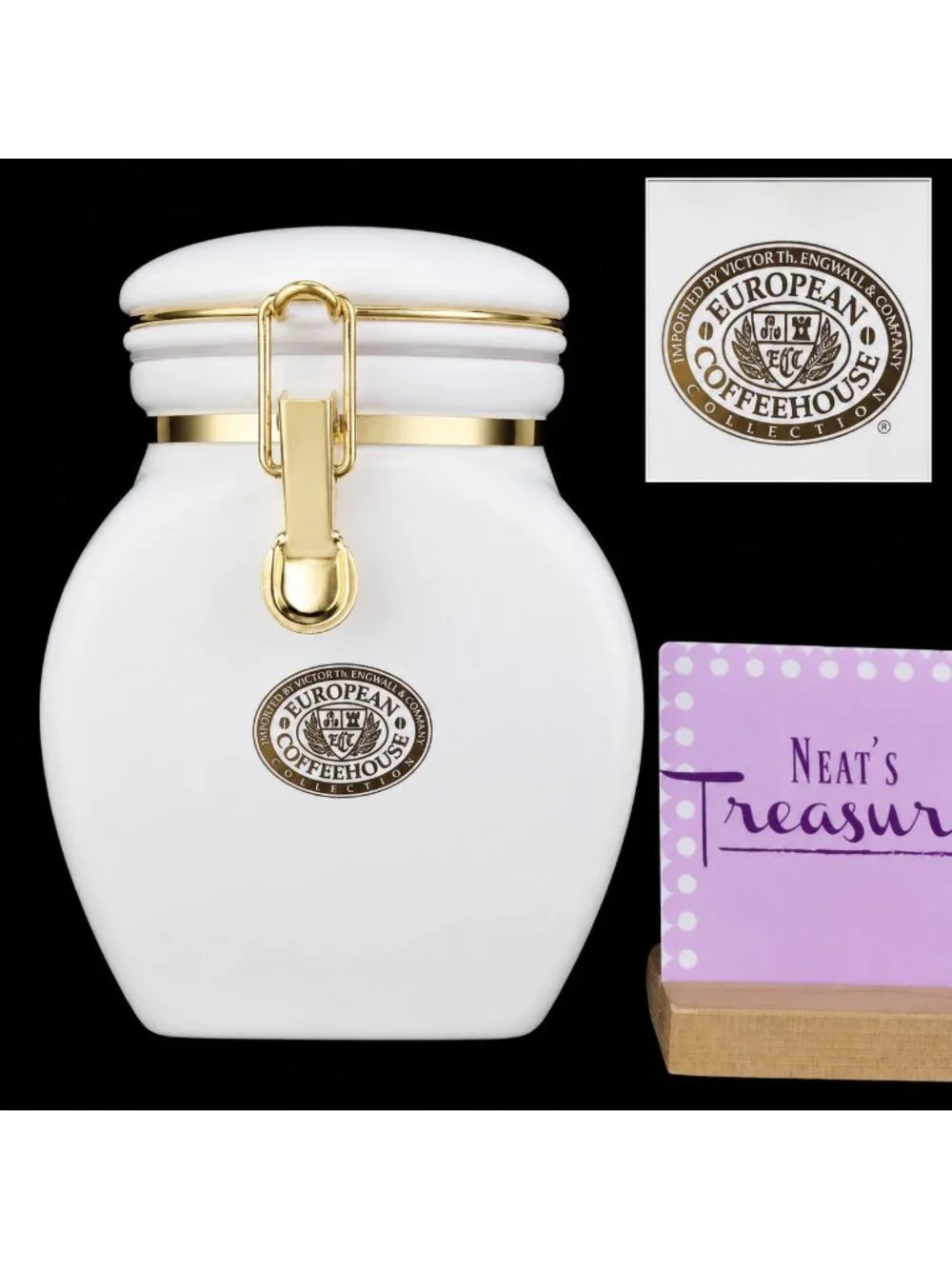 Vintage EUROPEAN COFFEEHOUSE White Gold Letters Ceramic Airtight 8.5