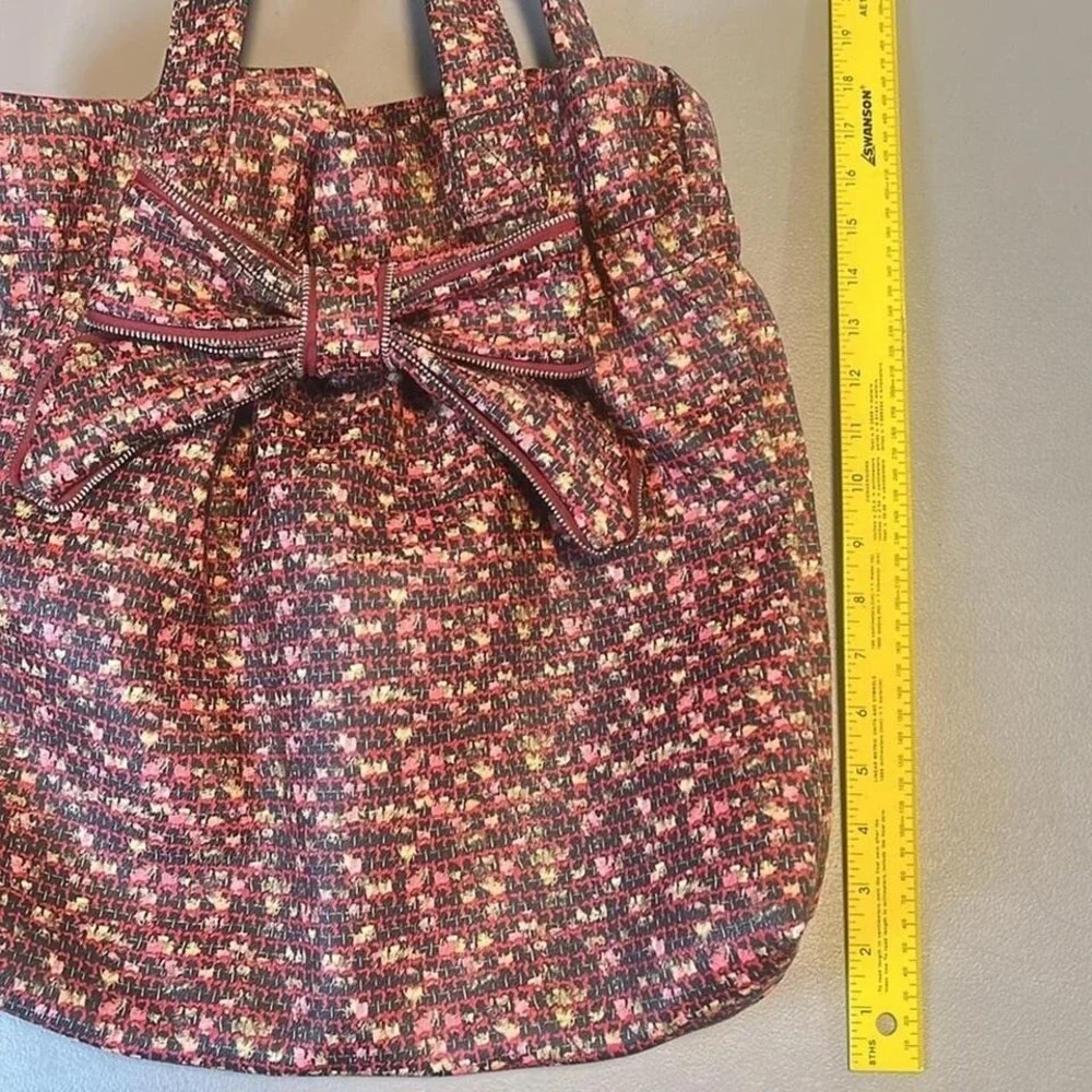 Thea B. Tweed Bow Tote Bag Womens Large Burgundy Pink Zipper Romantic Girly