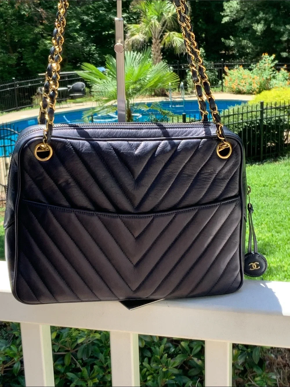 CHANEL Navy Chevron Quilted Lambskin Leather Shoulder Bag with Gold CC Tag