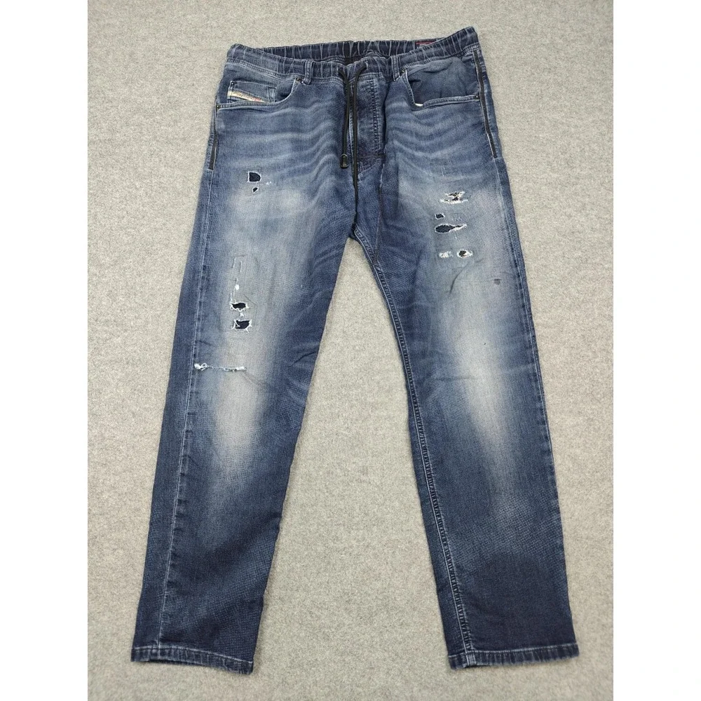 Diesel Narrot Denim + Sweat Jeans Mens 36x30 Blue Distressed Relaxed Tapered