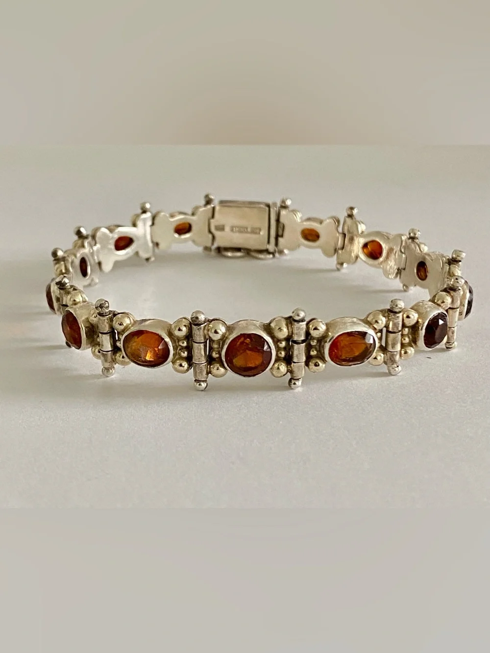 14k Sterling Silver Amber Link Bracelet - Orange Gemstones
