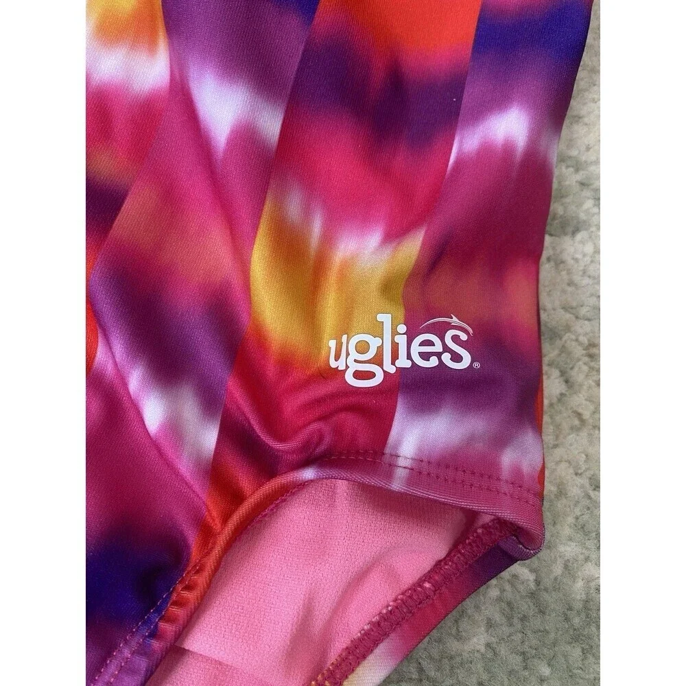 Dolfin Uglies Girls Size 8 Pink Red Water Color Multicolored Racer 1pc Swimsuit