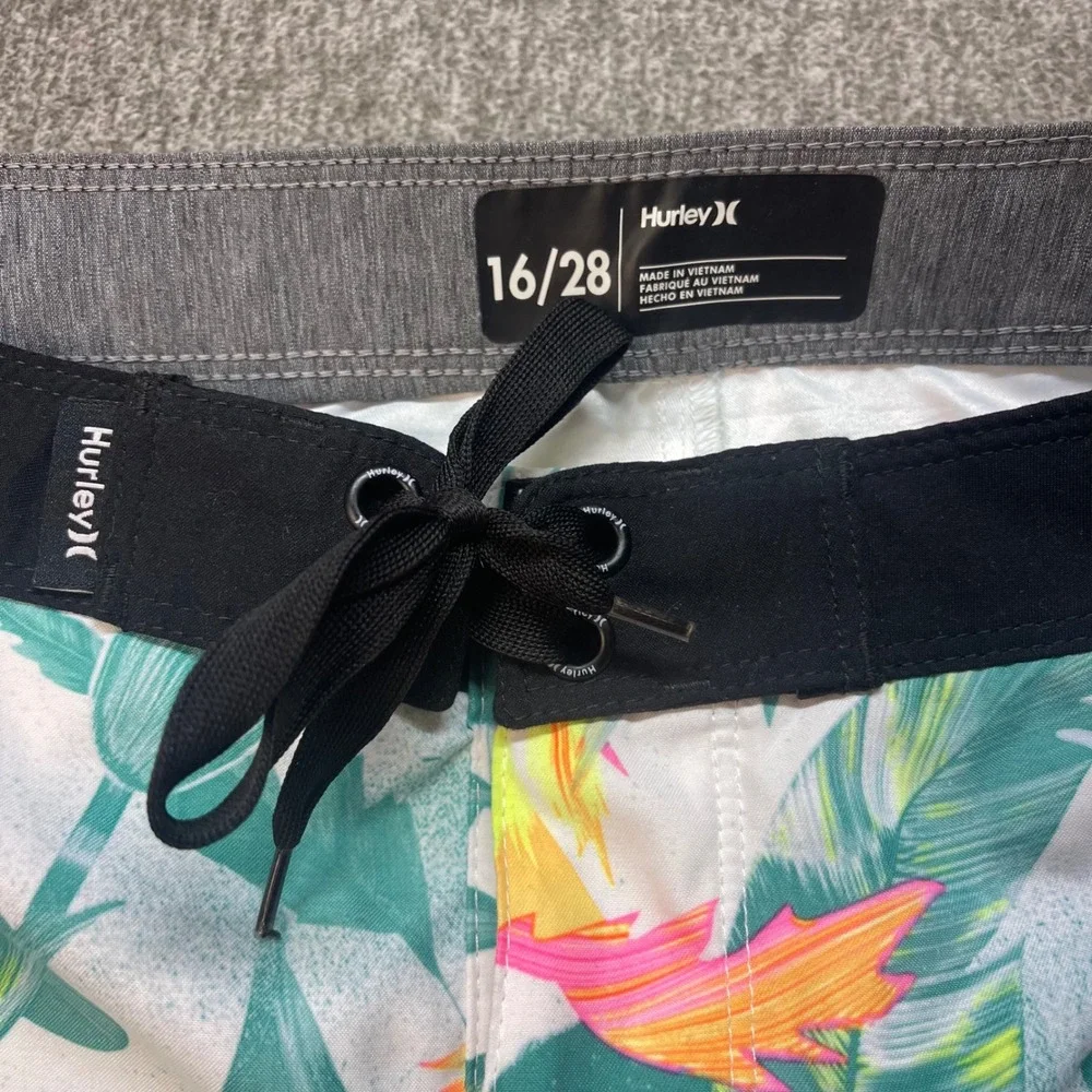 Hurley Boys Tropical Floral Board Shorts Pink Green White Size 16/28 Swim Trunks