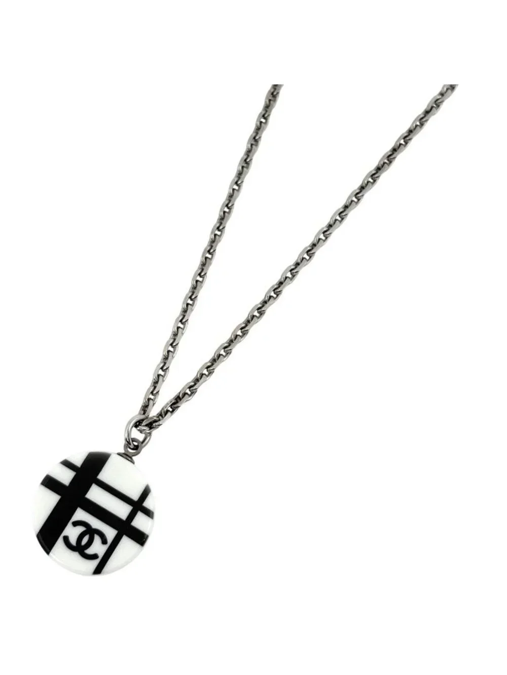 Chanel CC Logo Necklace Silver Plated Plastic White