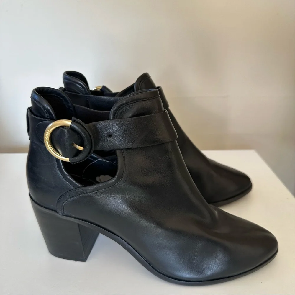 TED BAKER “Sybell” Block Heel Boots Booties in Black Leather, Women’s 7
