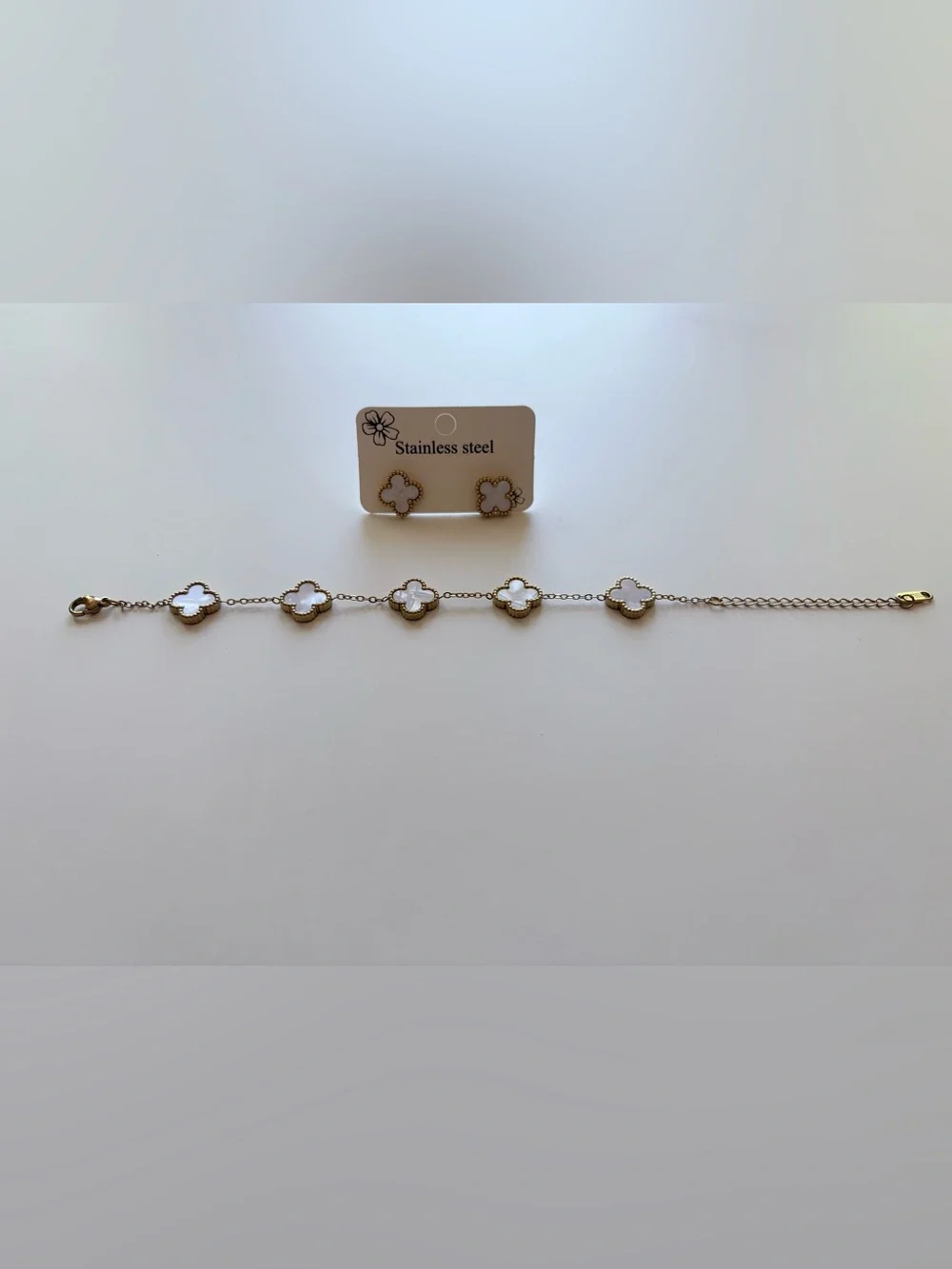 Gold Clover Bracelet & Stud Earrings Set