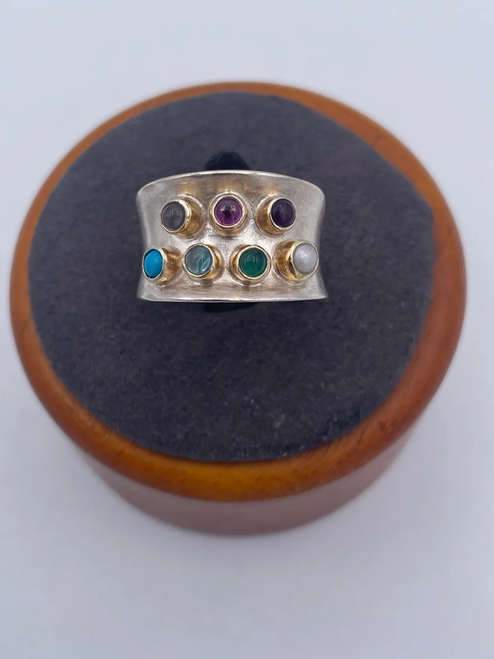 Vintage 925 Sterling Silver Multi Gemstone Cigar Band Ring Size 7