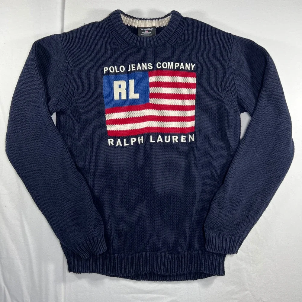 Polo Jeans Co Ralph Lauren Mens Navy Blue American Flag Cotton Knit Sweater M